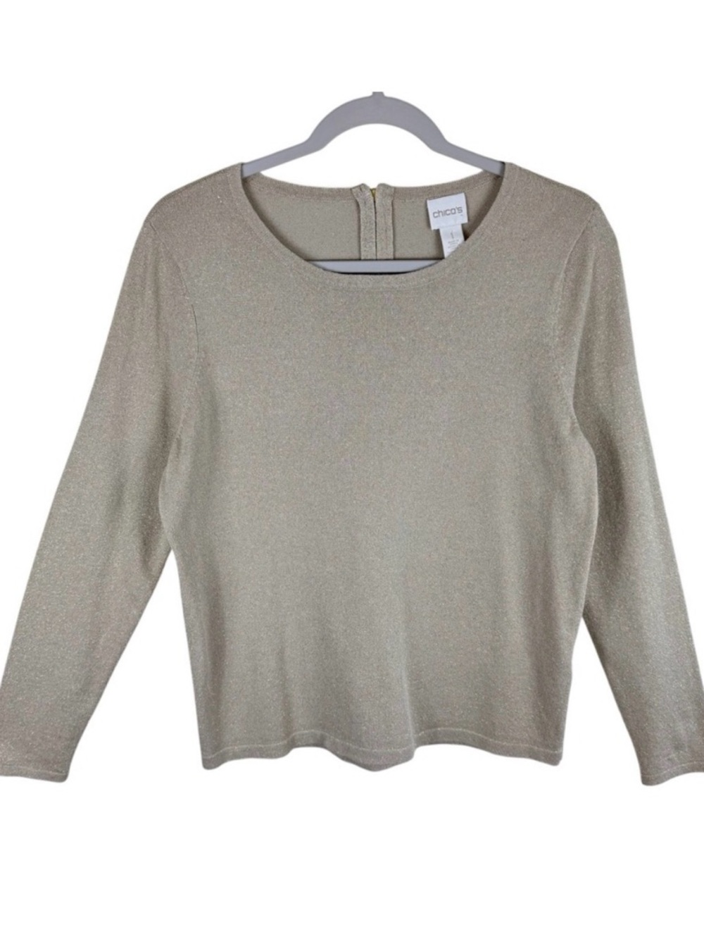 Chico's‎ Gold Shimmery Long Sleeve Round Neck Light Sweater Glam Holiday Size M